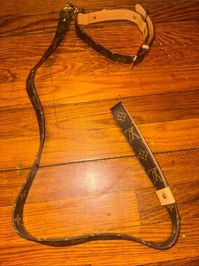 Brown Monogram Dog Leash with Tan Trim and Gold Hardware